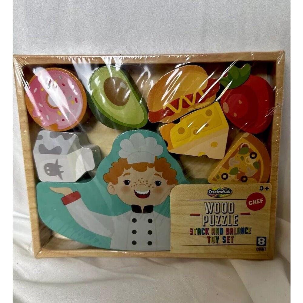 Creative Kids Wood Puzzle Stack‎ and Balance Toy Set Chef Pretend Food New NIB